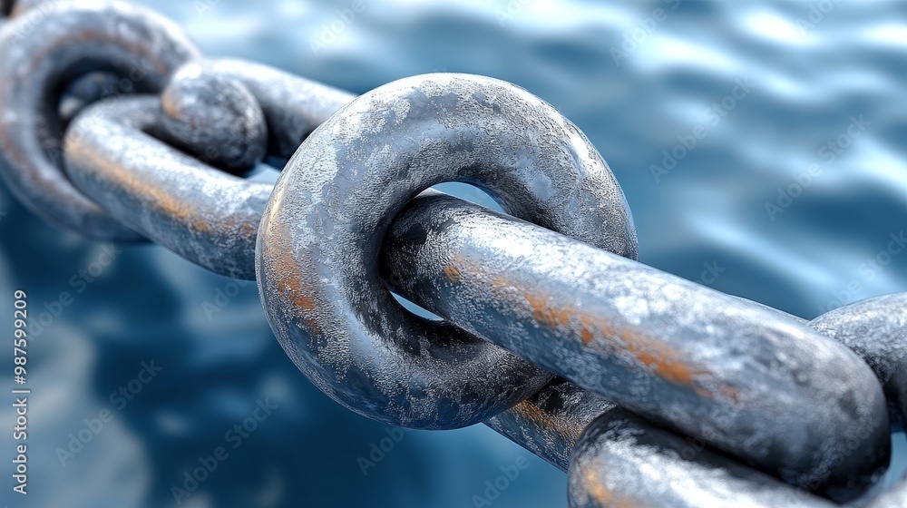 Poster a close-up view of a rusty metal chain linked together, resting on a background of calm water, symbo