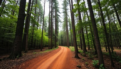 Fototapeta premium A red-brown dirt road winds through a dense forest, surrounded by tall, slender trees with green leaves, creating a serene and tranquil scene