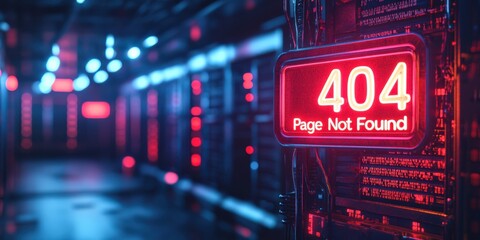 Neon "404 Page Not Found" Sign with Digital Server Background for Tech Concept
