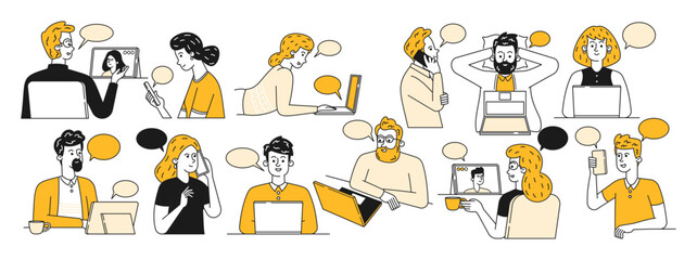 Doodle Illustration of Characters Interact Through Various Gadgets Showcasing Modern Communication Technology