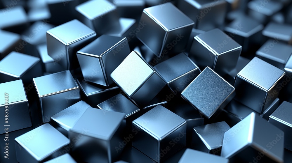 Poster a close-up view of shiny metallic cubes arranged randomly, showcasing reflections and details of the