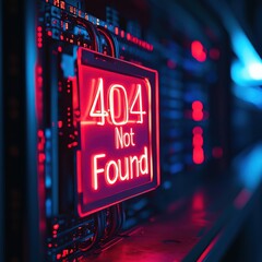Neon "404 Page Not Found" Sign with Digital Server Background for Tech Concept