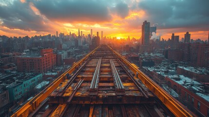 Urban Sunset over Train Tracks in New York City