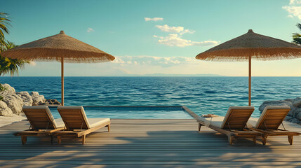 Obraz premium Beachside Loungers with Wooden Deck and Ocean View - Illustration