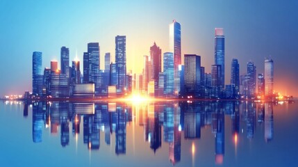 Fototapeta premium Picture of modern skyscrapers of a smart city, futuristic financial district with buildings and reflections , blue color background for corporate and business template with warm sun rays of light