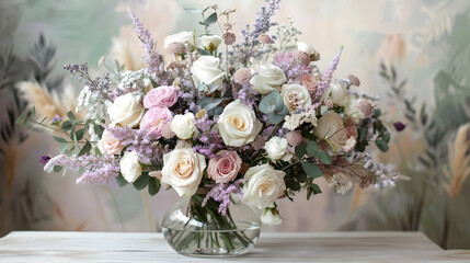 Elegant Bouquet of White and Pink Roses with Purple Flowers