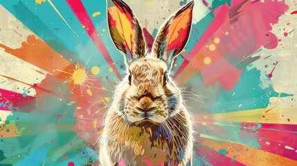 A colorful abstract background with a rabbit in the center, a burst of color behind the animal.