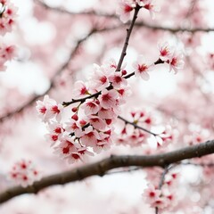 A close-up image of a cherry blossom tree branch, adorned with pink flowers and green stems, is captured from a low angle, emphasizing the tree's height and the vibrant colors of the flowers