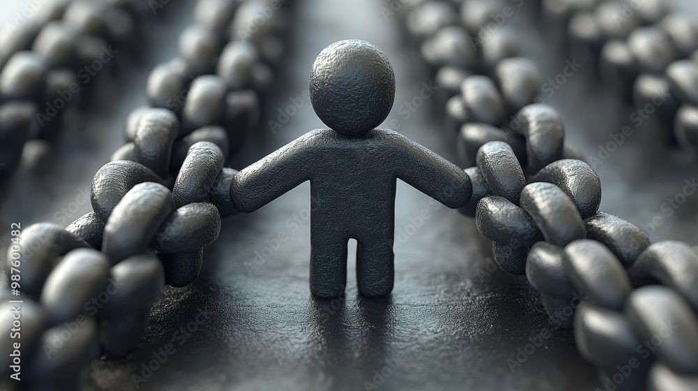 Poster a figurine between chains, symbolizing connection and strength in unity, with a focus on resilience 