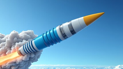 A dynamic rocket taking off into a clear blue sky, showcasing its powerful thrust and modern design.