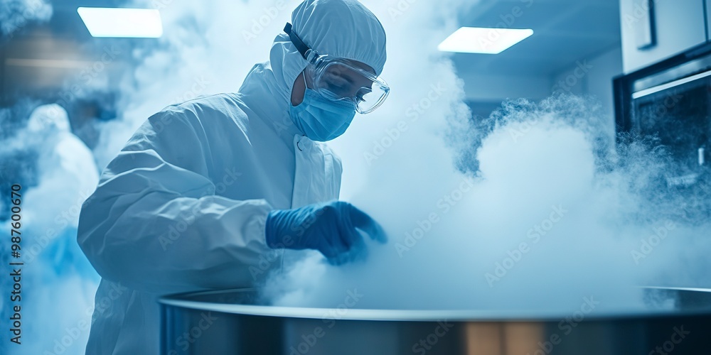 Wall mural Revolutionizing the fertility field of cryofreezing and cryosleep, scientist enters liquid nitrogen cryogenic storage, innovation in biotechnology 