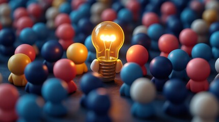 A glowing light bulb stands out among colorful figures, symbolizing creativity and innovation in a vibrant setting.