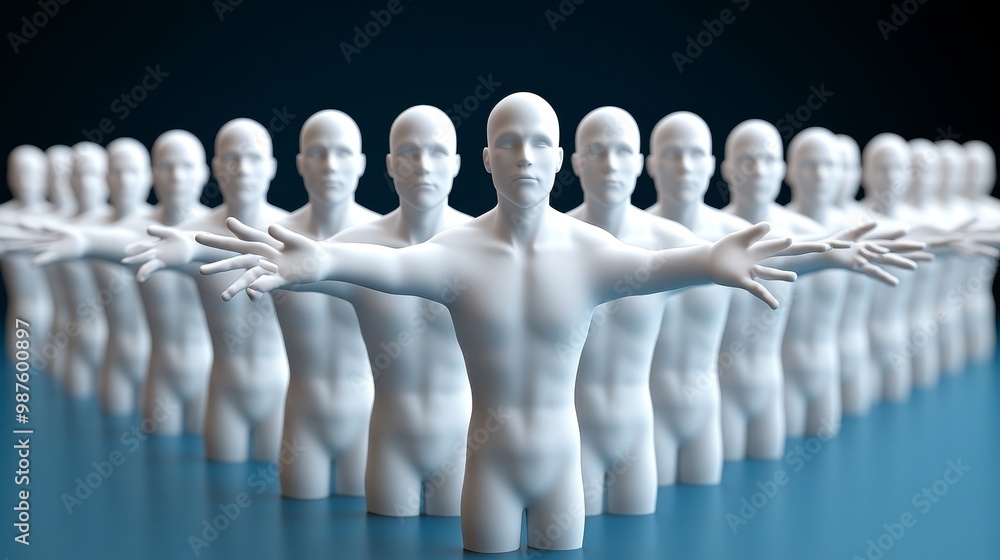 Poster a line of abstract mannequins with outstretched arms, symbolizing unity and connection against a dar