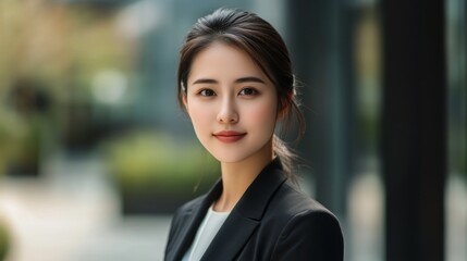 Fototapeta premium Portrait of a beautiful Asian woman in suit outdoors with a blurry business center in backdrop. with copy space