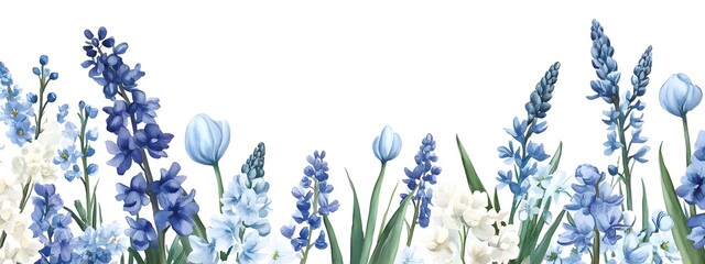 Blue and white flowers, hyacinth border on the right side, watercolor clipart with a solid background