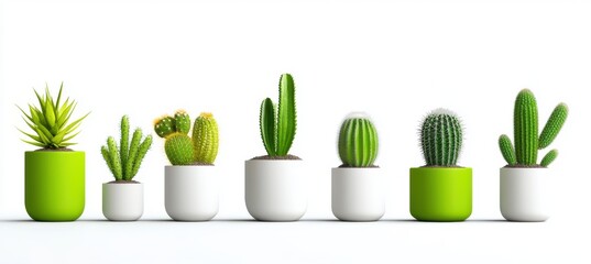 Cactus plants in pots isolated on white background