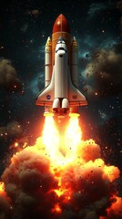 A majestic rocket launches into space, leaving a trail of fire and smoke, symbolizing exploration and breakthrough in technology.