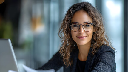 Middle-aged woman using a touch screen tablet and laptop in the office, smiling as she works on a corporate transaction, analyzing financial data in a professional workplace setting