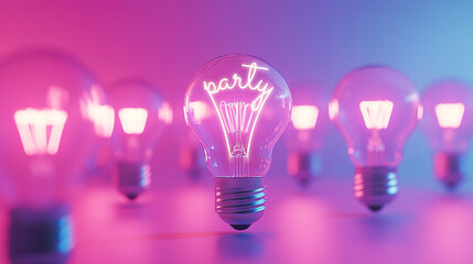 Abstract background with light bulbs. On one light bulb is the word "party". Holiday, party, invitation, event.