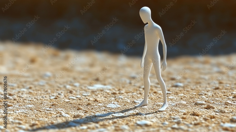 Poster a minimalist figure standing on a textured surface, casting a distinct shadow, symbolizing solitude 