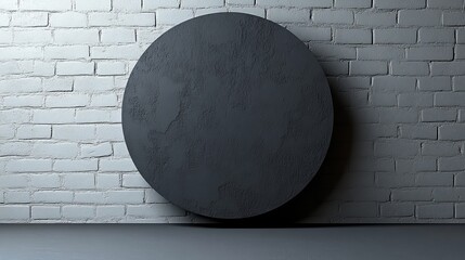 A minimalistic black circular shape against a textured white brick wall, ideal for modern design backgrounds or abstract art.