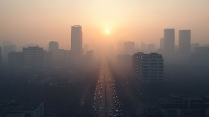 Fototapeta premium City skyline enveloped in dense smog at sunset, conveying urban air pollution and environmental concerns with silhouetted skyscrapers in a hazy atmosphere
