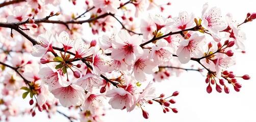 A tree branch adorned with pink and white cherry blossoms, with some buds fully open and others partially closed, is set against a light blue sky, creating a serene and picturesque scene