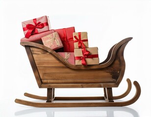 Freigestellter Holzschlitten mit festlich verpackten Geschenken – Ideal für Weihnachtsdesigns 