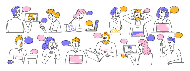 Doodle Illustrations Of Diverse Characters Using Laptops, Smartphones, And Tablets To Communicate