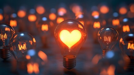 Light bulb with glowing heart inside. Concept of love, saving electricity, power. Valentine's Day.