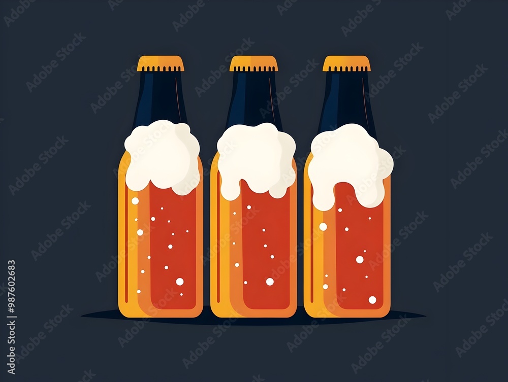 Poster minimalist and stylized of three beer bottles with frothy foam topped heads showcasing a flat design