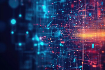 Abstract digital illustration with vibrant colors, showcasing interconnected nodes, lines, and glowing elements in a futuristic design.