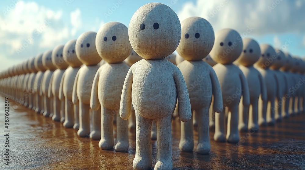 Poster a row of abstract human figures stands aligned against a bright sky, symbolizing unity and individua