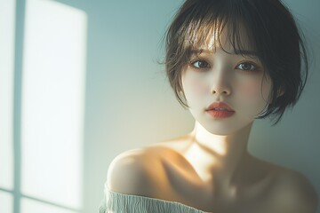 Japanese woman with short hair, a cute and charming expression, delicate skin...