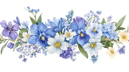 Blue and white flowers, hyacinth border on the right side, watercolor clipart with a solid background