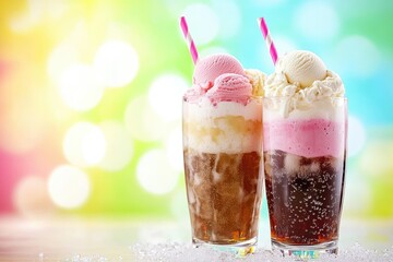 Delicious ice cream floats topped with whipped cream and colorful straws, perfect for summer refreshment and celebration.