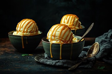 Delicious vanilla ice cream scoops drizzled with caramel sauce, served in elegant bowls with a rustic backdrop.