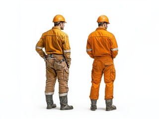 Two Construction Workers Back to Back in Yellow Hard Hats and Workwear
