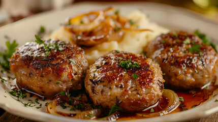 Delicious Meatballs with Mashed Potatoes and Caramelized Onions