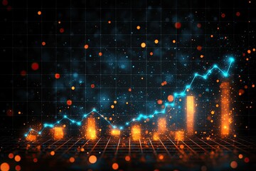 Fototapeta premium Dynamic financial growth graphic illustrating upward trends with vibrant colors and glowing elements on a dark background.