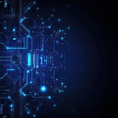 Futuristic digital design with glowing blue lines and circuit patterns on a dark background, representing technology and innovation.