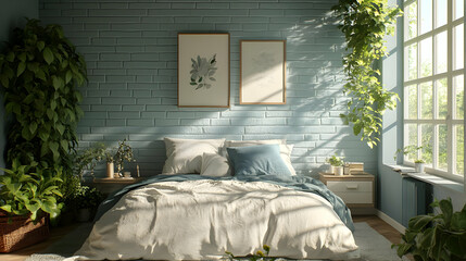 Bedroom Interior Design - White Bed with Plants and Blue Brick Wall Illustration
