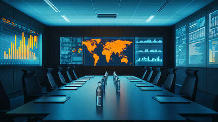 A business conference room with charts and graphs showing trends in international trade and market growth