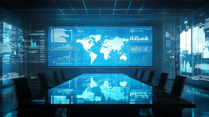 A business conference room with charts and graphs showing trends in international trade and market growth