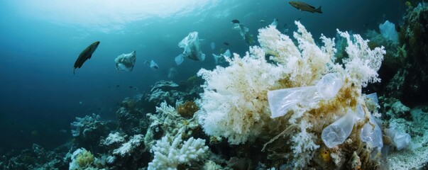 Obraz premium Close-up of a bleached coral reef suffering from pollution with plastic waste, highlighting environmental impact and ocean conservation needs