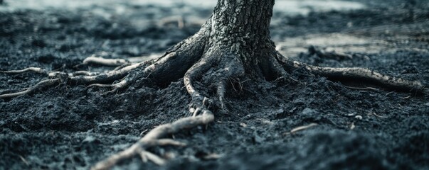 Fototapeta premium Close-up of a dying tree with exposed roots depicting nature's struggle and resilience in a barren landscape