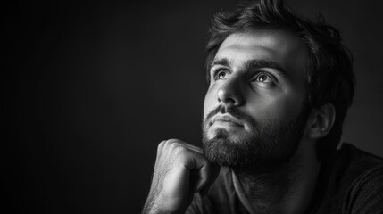 Fototapeta premium Black and white portrait of a young man in a thoughtful pose.