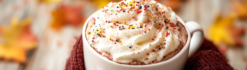 Fototapeta premium A cozy autumn scene featuring a cup of hot cocoa topped with whipped cream and colorful sprinkles, perfect for seasonal promotions, cafes, or warm beverage advertisements,