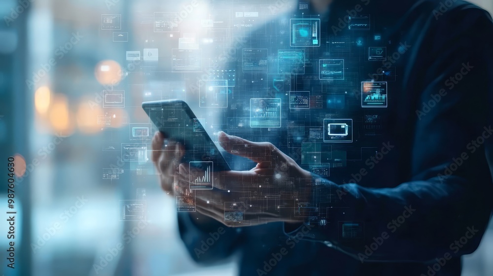 Aufkleber businessman using smartphone with digital interface and data