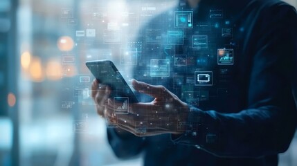 Businessman Using Smartphone with Digital Interface and Data